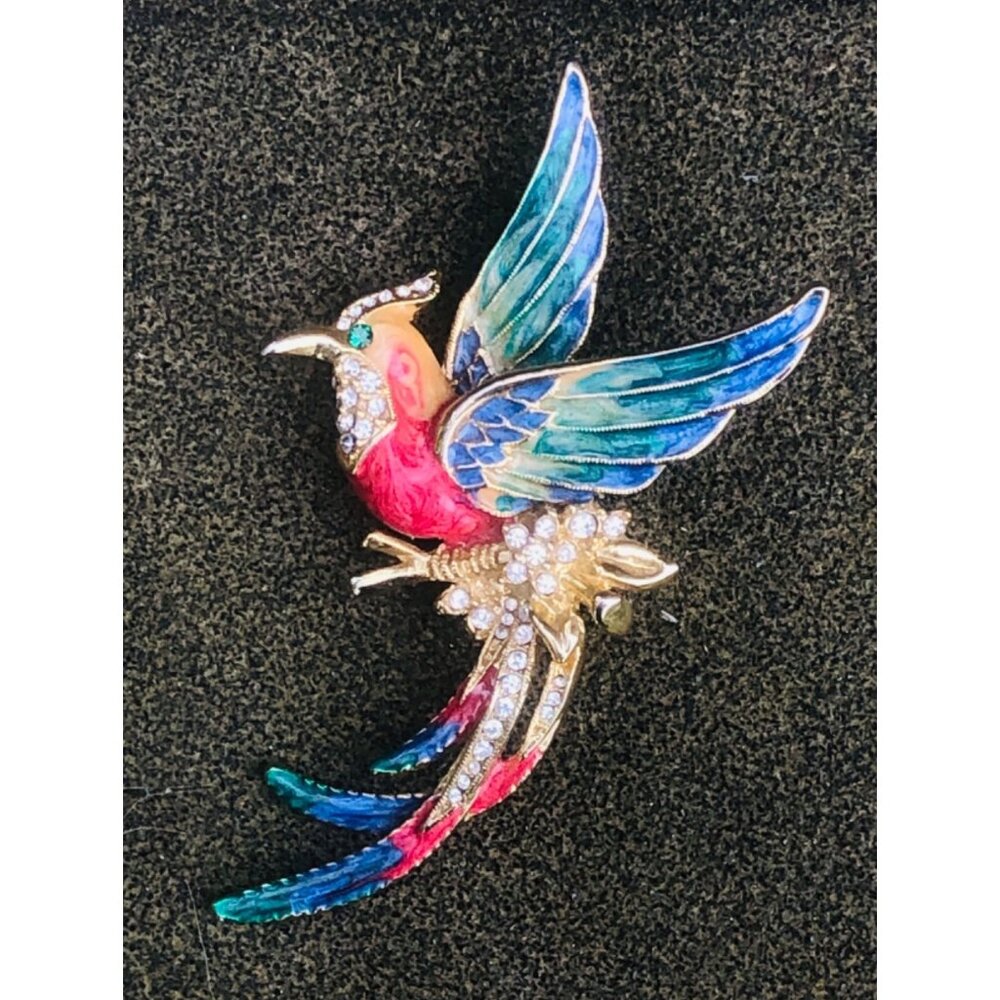 Bird of Paradise Brooch Pin Large Tropical Colorful Enamel Gold Tone Rhinestones - Picture 2 of 4